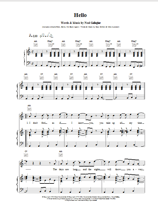Oasis Hello sheet music notes and chords. Download Printable PDF.