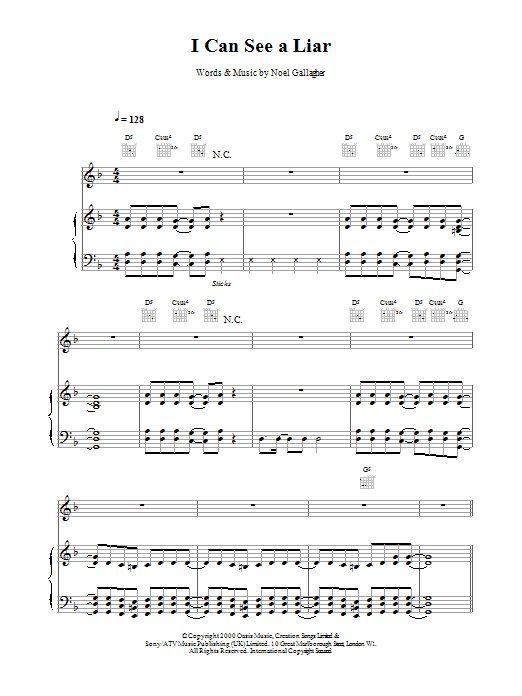 Learn to play Oasis I Can See A Liar sheet music for Piano, Vocal & Guitar in minutes. Price: 6.9900$ Oasis I Can See A Liar sheet music notes and chords. Download Printable PDF.