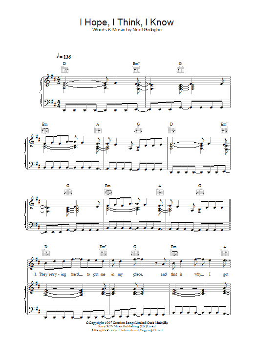 Learn to play Oasis I Hope, I Think, I Know sheet music for Piano, Vocal & Guitar in minutes. Oasis I Hope, I Think, I Know sheet music notes and chords. Download Printable PDF.