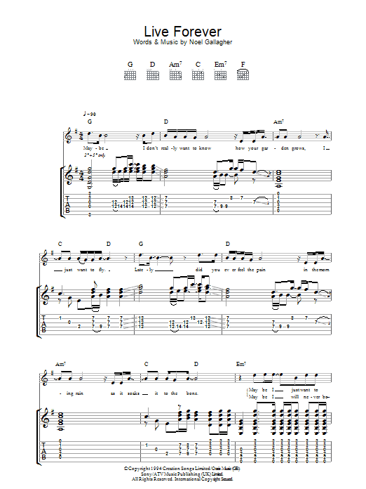 Oasis Live Forever sheet music notes and chords. Download Printable PDF.