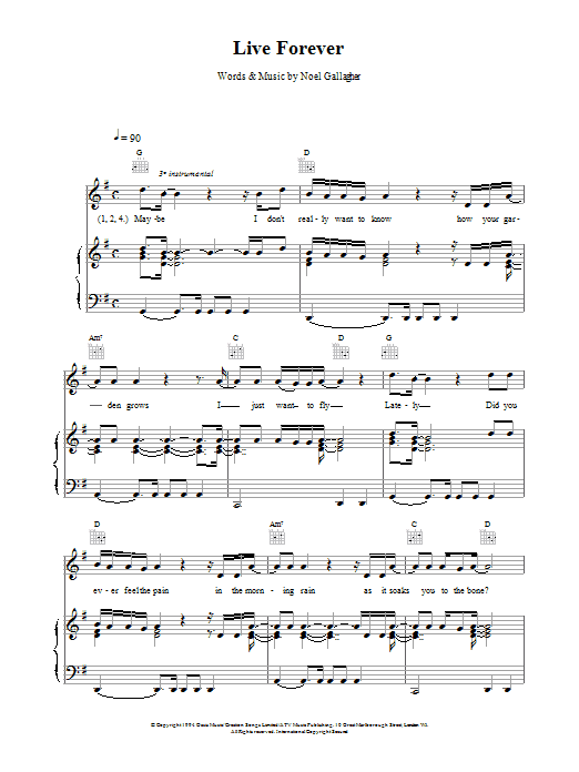 Oasis Live Forever sheet music notes and chords. Download Printable PDF.