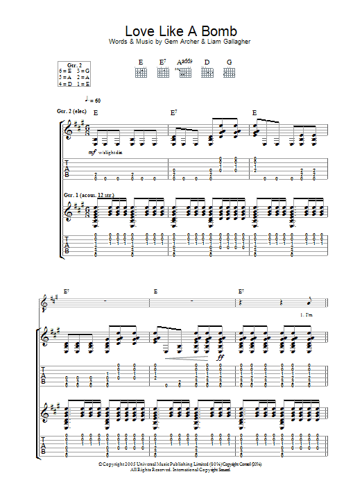 Oasis Love Like A Bomb Sheet Music Pdf Notes Chords Rock Score Guitar Chords Lyrics Download Printable Sku