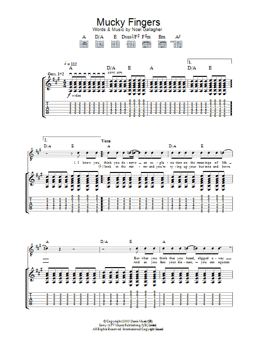 Oasis Mucky Fingers sheet music notes and chords. Download Printable PDF.