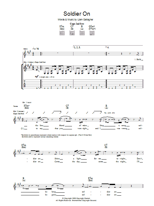 Oasis Soldier On sheet music notes and chords. Download Printable PDF.