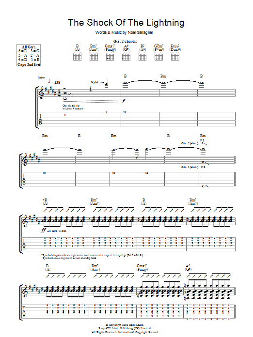 Learn to play Oasis The Shock Of The Lightning sheet music for Guitar Tab in minutes. Oasis The Shock Of The Lightning sheet music notes and chords. Download Printable PDF.