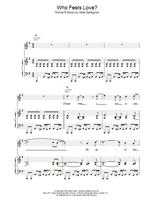 Learn to play Oasis Who Feels Love? sheet music for Piano, Vocal & Guitar in minutes. Price: 6.9900$ Oasis Who Feels Love? sheet music notes and chords. Download Printable PDF.