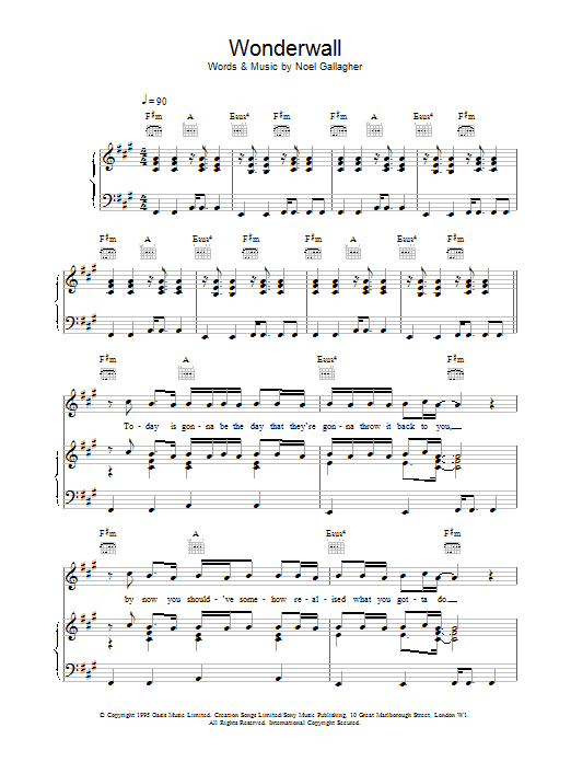 Oasis Wonderwall sheet music notes and chords. Download Printable PDF.