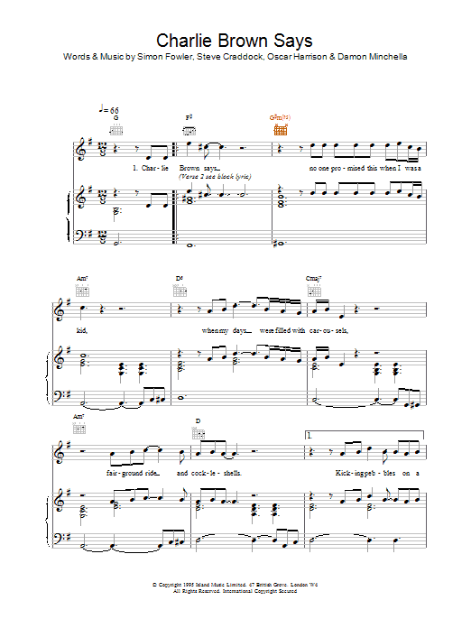 Ocean Colour Scene Charlie Brown Says sheet music for Piano, Vocal & Guitar (Right-Hand Melody) in minutes. Price: 7.8900$ Ocean Colour Scene Charlie Brown Says sheet music notes and chords. Download Printable PDF.