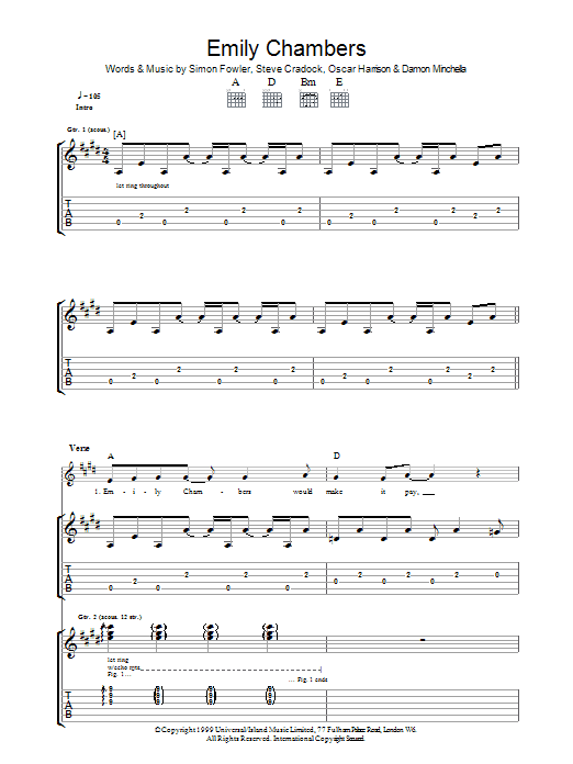 Ocean Colour Scene Emily Chambers sheet music notes and chords. Download Printable PDF.