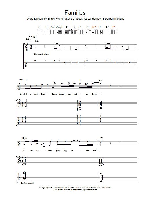 Ocean Colour Scene Families sheet music notes and chords. Download Printable PDF.