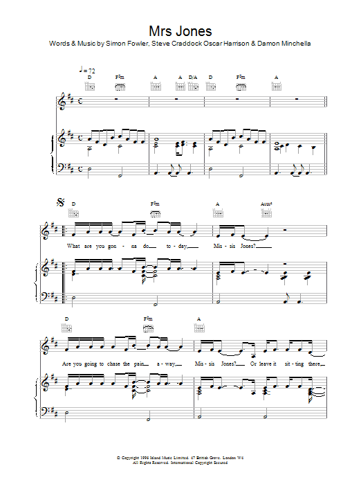 Ocean Colour Scene Mrs Jones sheet music notes and chords. Download Printable PDF.