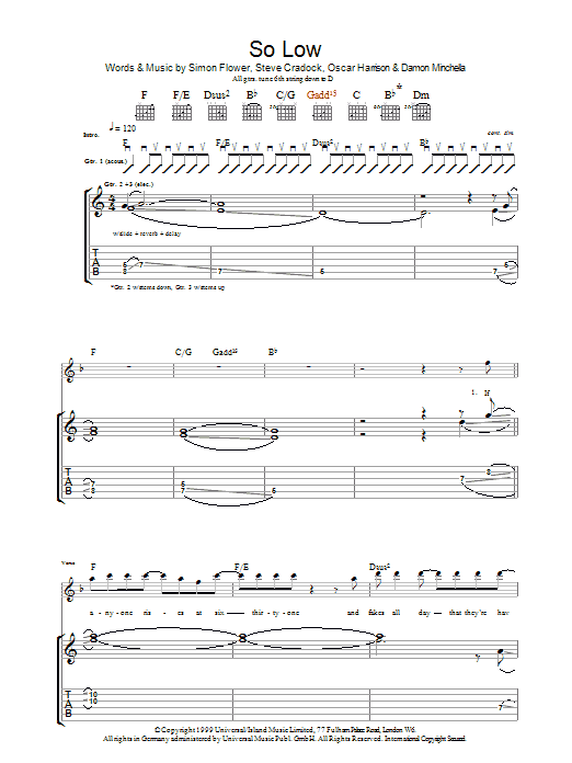 Ocean Colour Scene So Low sheet music notes and chords. Download Printable PDF.