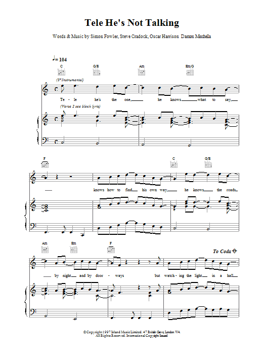 Learn to play Ocean Colour Scene Tele He's Not Talking sheet music for Piano, Vocal & Guitar (Right-Hand Melody) in minutes. Ocean Colour Scene Tele He's Not Talking sheet music notes and chords