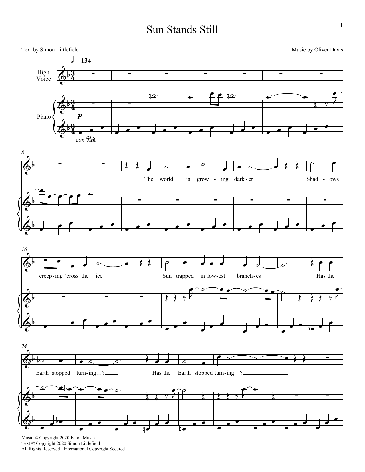 Oliver Davis Sun Stands Still sheet music notes and chords. Download Printable PDF.