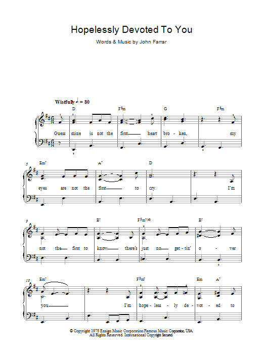 Olivia Newton-John Hopelessly Devoted To You (from Grease) sheet music notes and chords. Download Printable PDF.