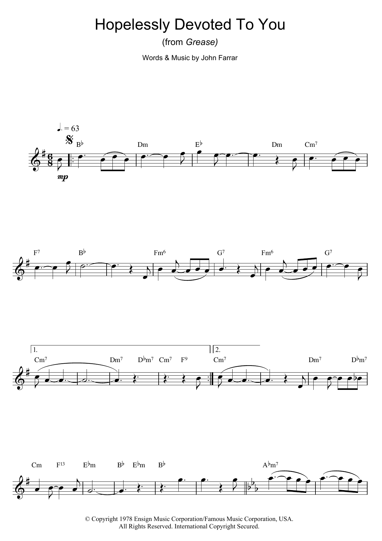 Olivia Newton-John Hopelessly Devoted To You (from Grease) sheet music notes and chords. Download Printable PDF.