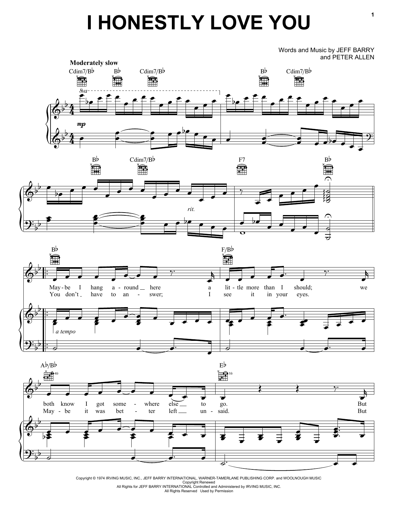 Olivia Newton-John I Honestly Love You sheet music notes and chords. Download Printable PDF.