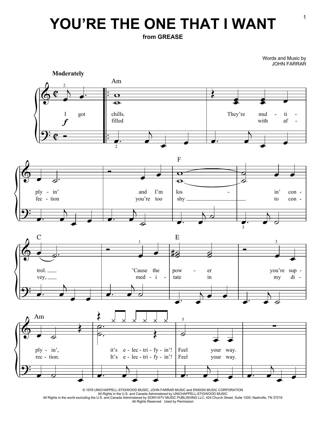 Learn to play Olivia Newton-John and John Travolta You're The One That I Want sheet music for Pro Vocal in minutes. Price: 6.9900$ Olivia Newton-John and John Travolta You're The One That I Want sheet music notes and chords arranged for Pro Vocal