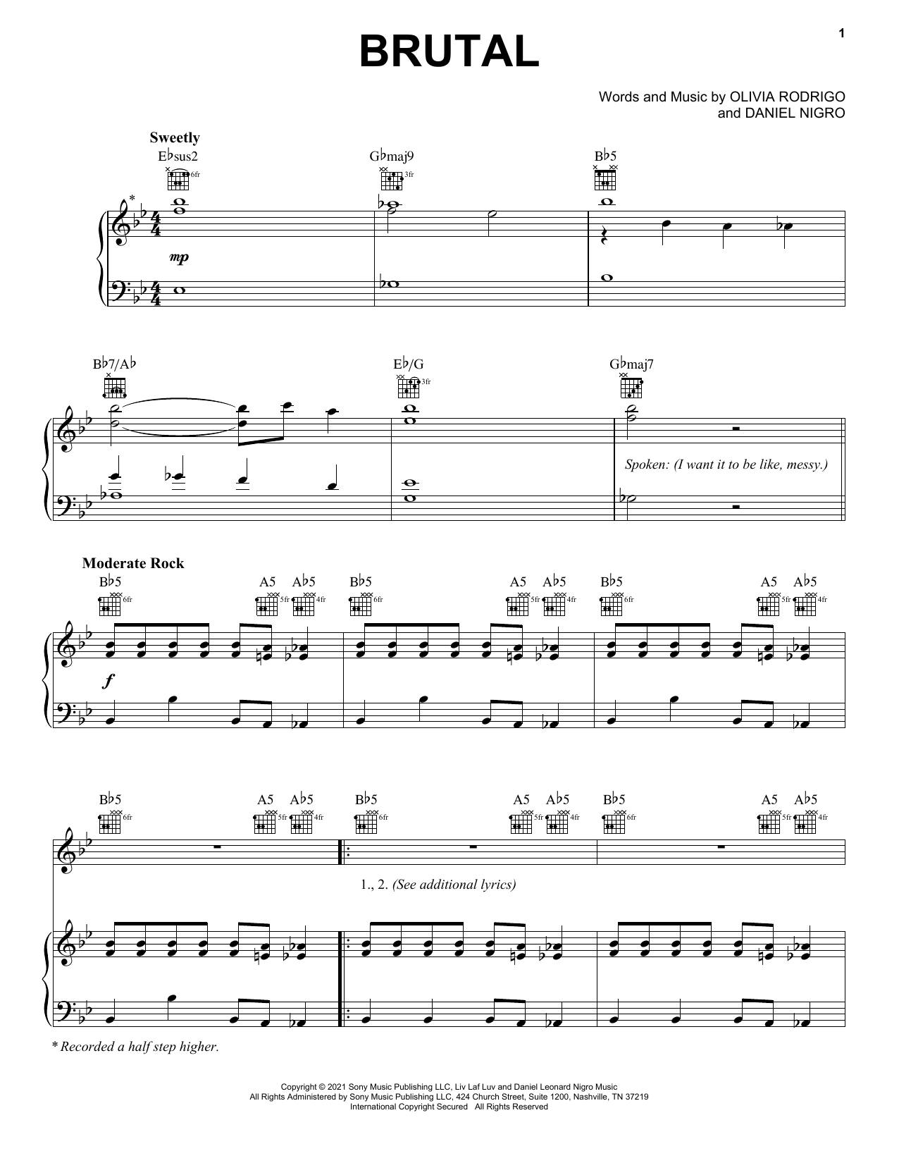 Olivia Rodrigo brutal sheet music notes and chords. Download Printable PDF.