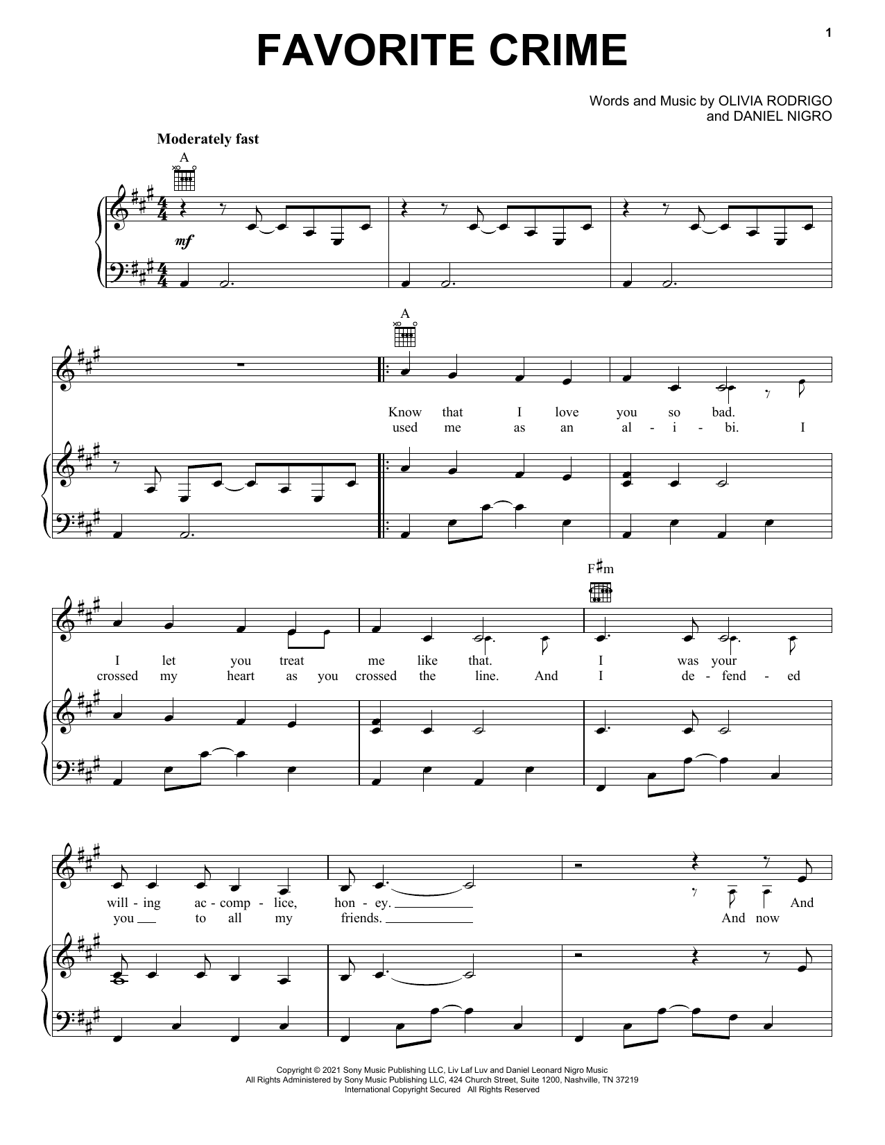 Olivia Rodrigo favorite crime sheet music notes and chords. Download Printable PDF.