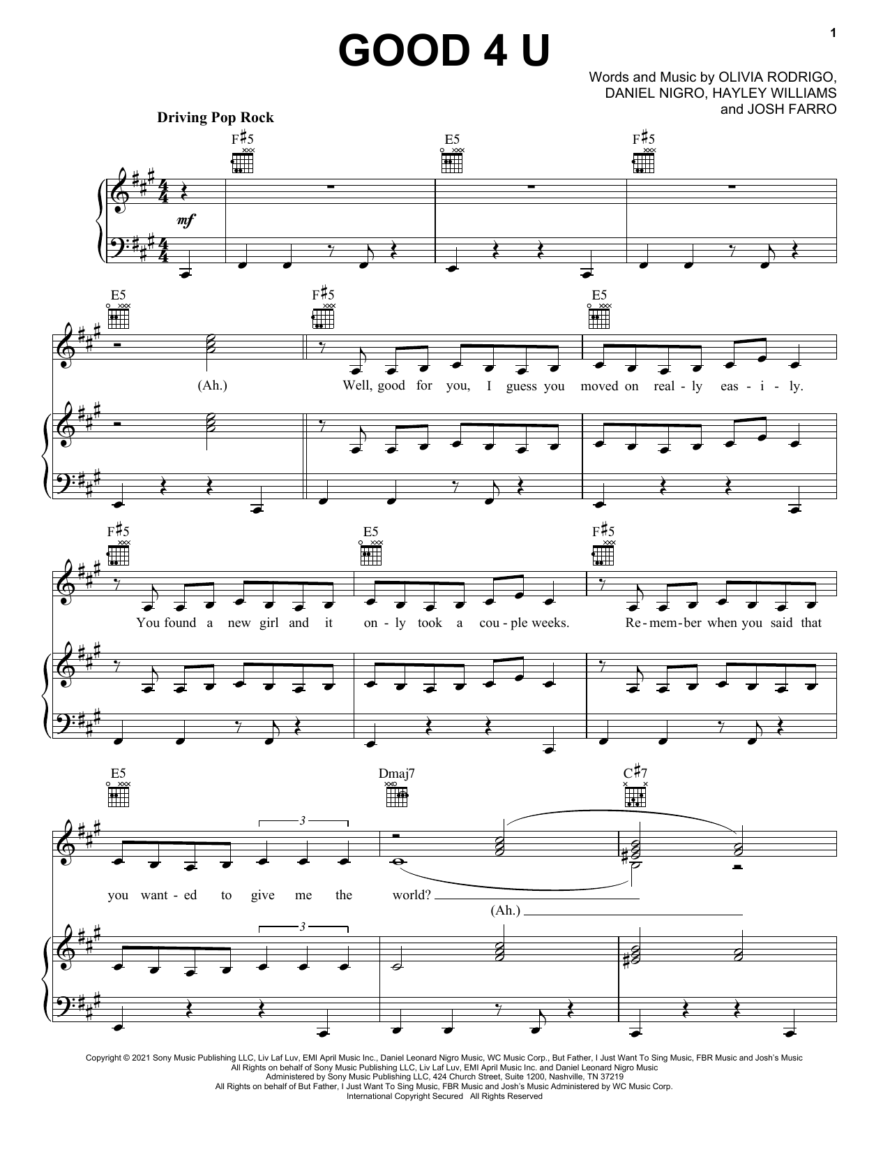 Olivia Rodrigo good 4 u sheet music notes and chords. Download Printable PDF.