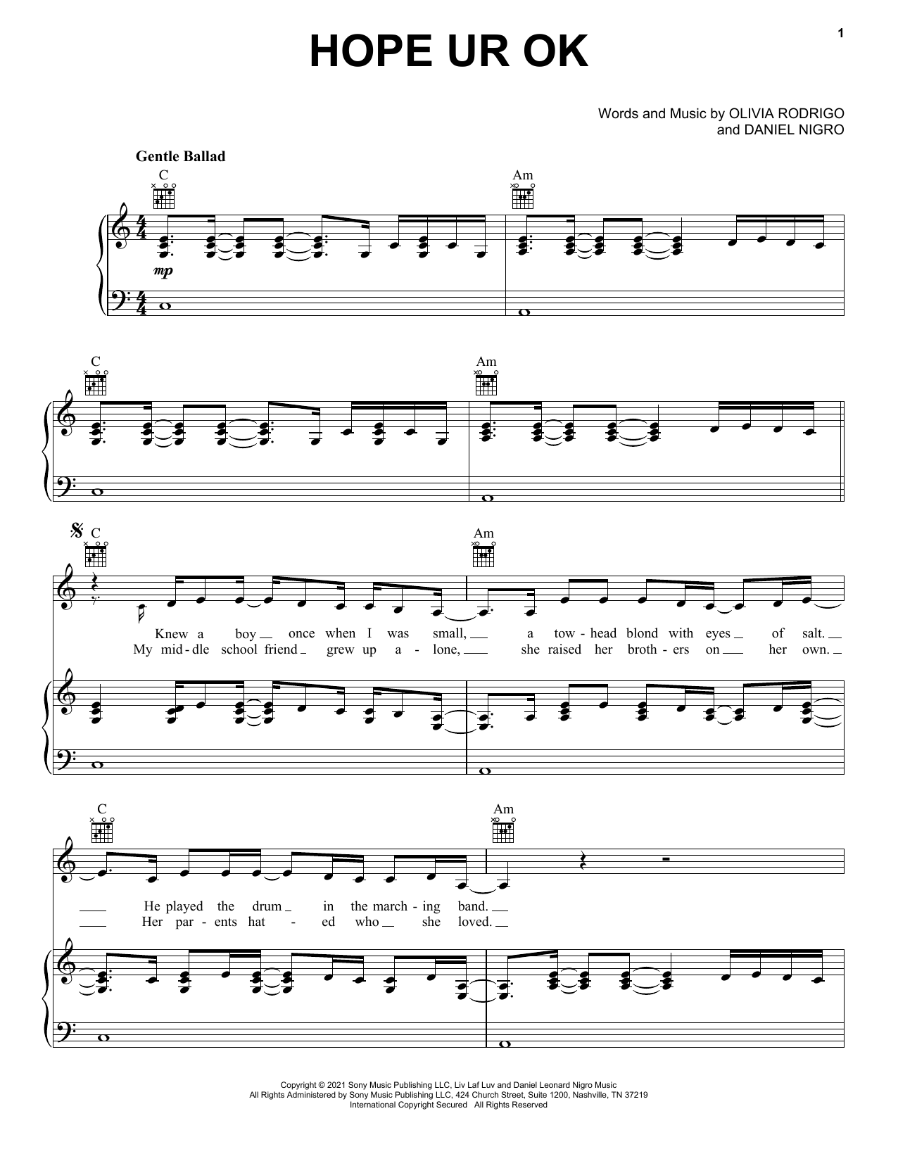 Olivia Rodrigo hope ur ok sheet music notes and chords. Download Printable PDF.