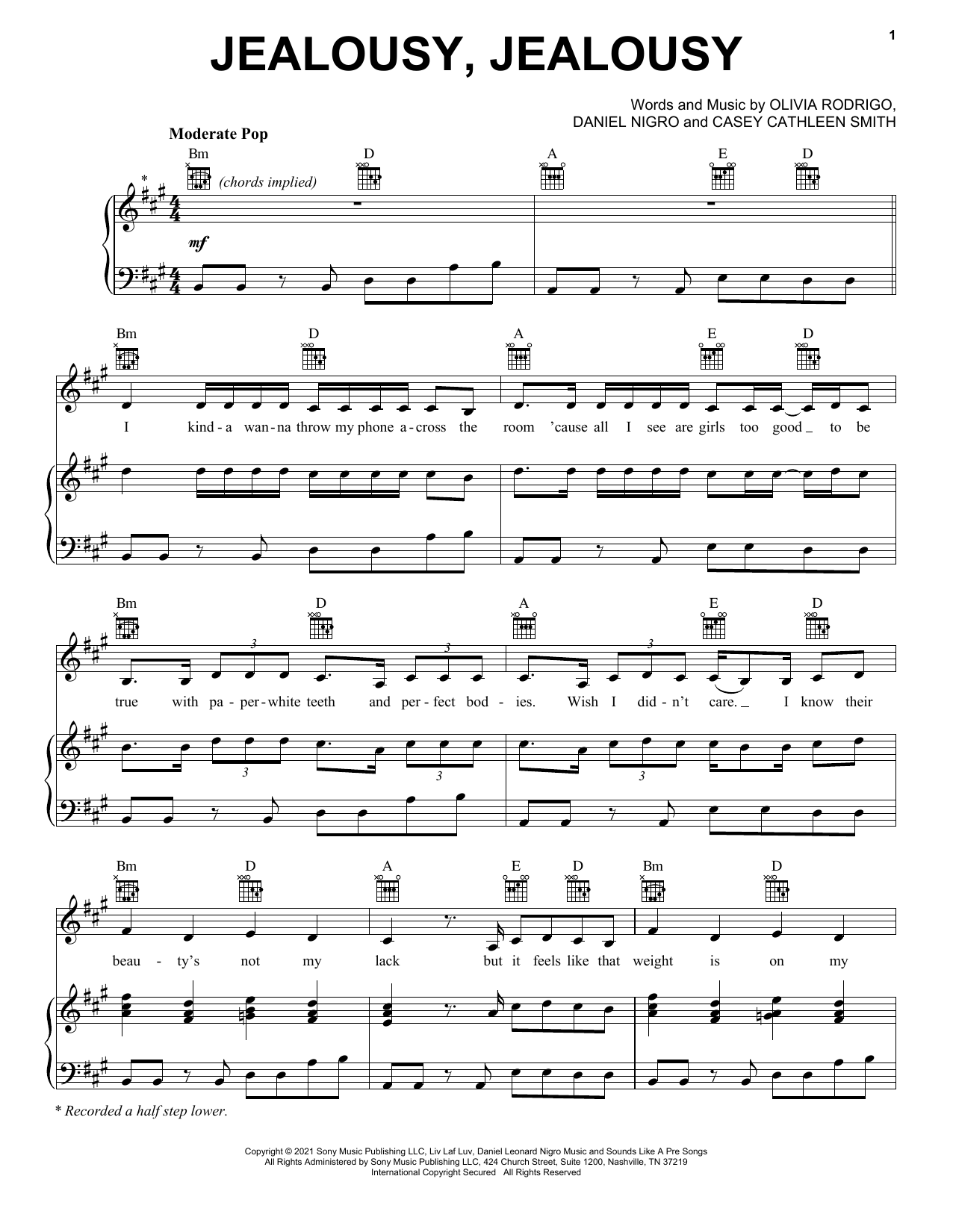 Olivia Rodrigo jealousy, jealousy sheet music notes and chords. Download Printable PDF.