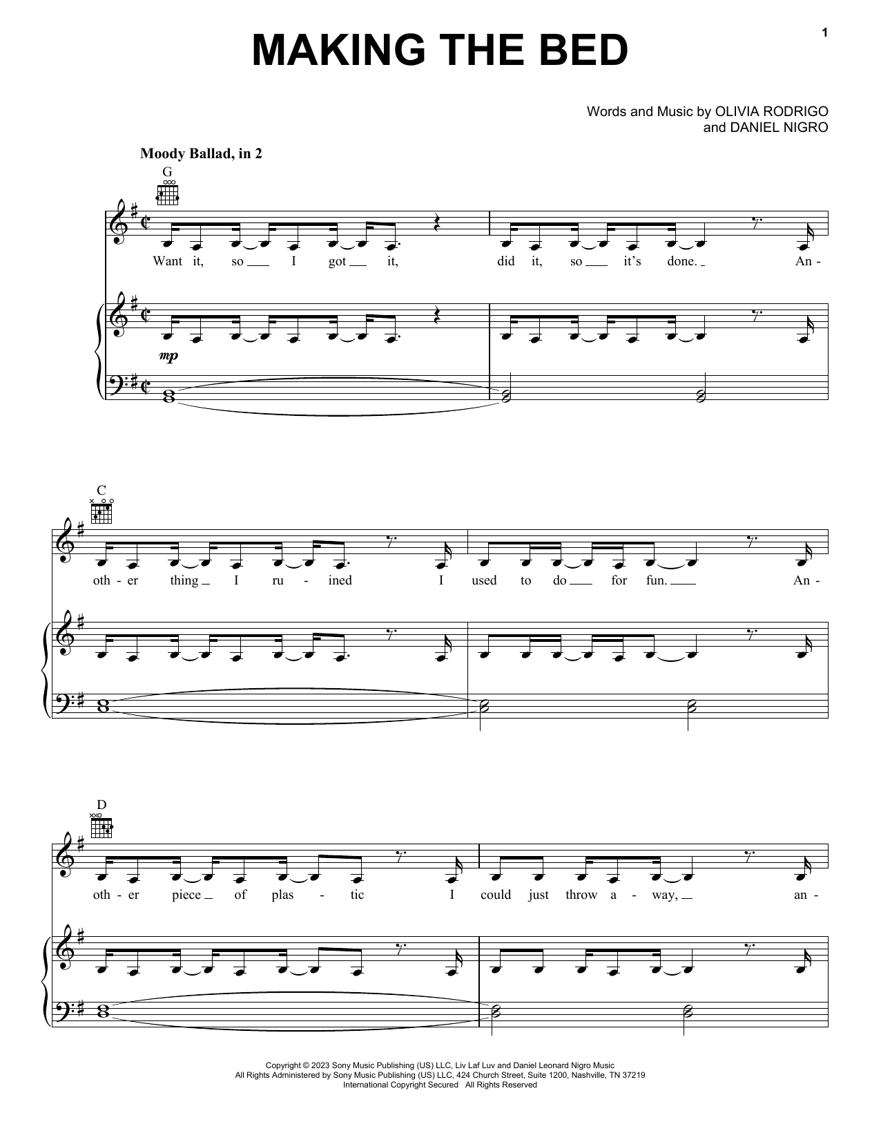 Olivia Rodrigo making the bed sheet music notes and chords. Download Printable PDF.