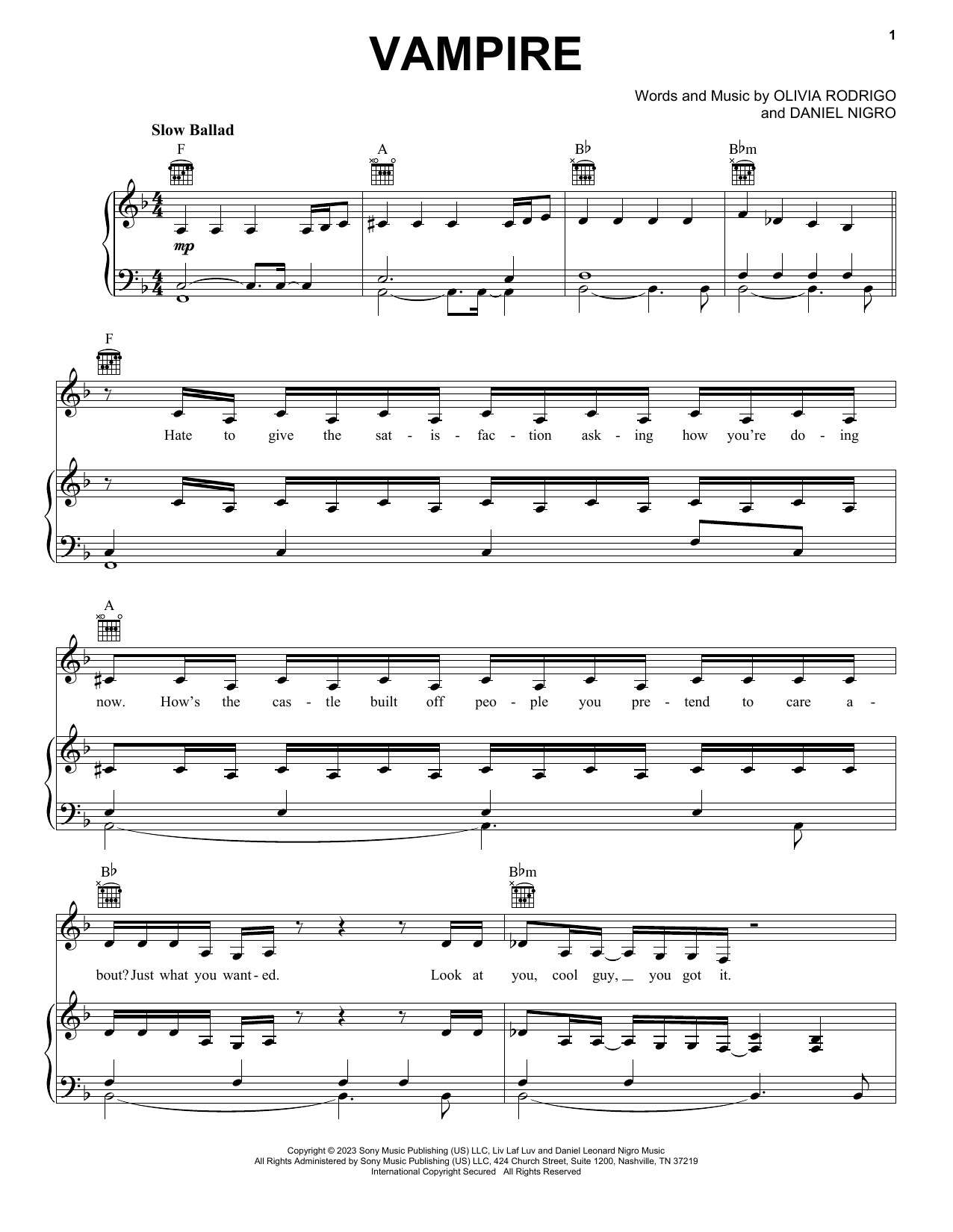 Olivia Rodrigo vampire sheet music notes and chords. Download Printable PDF.