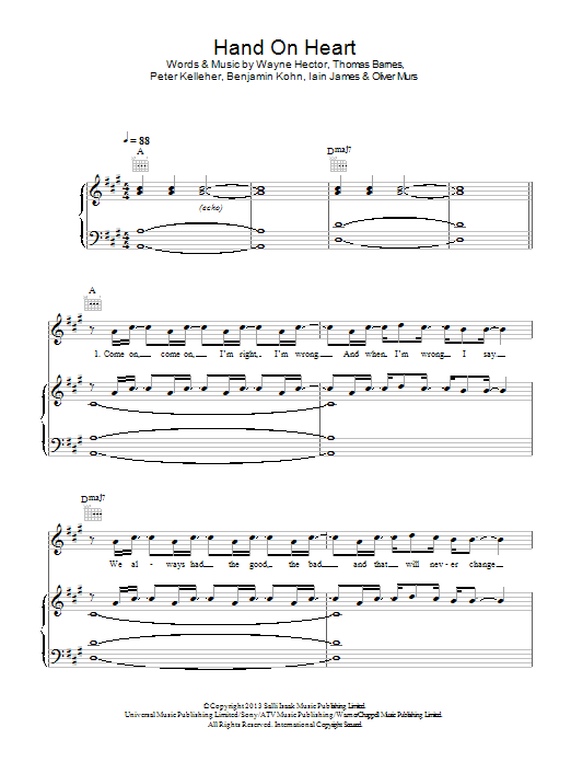 Olly Murs Hand On Heart sheet music notes and chords. Download Printable PDF.