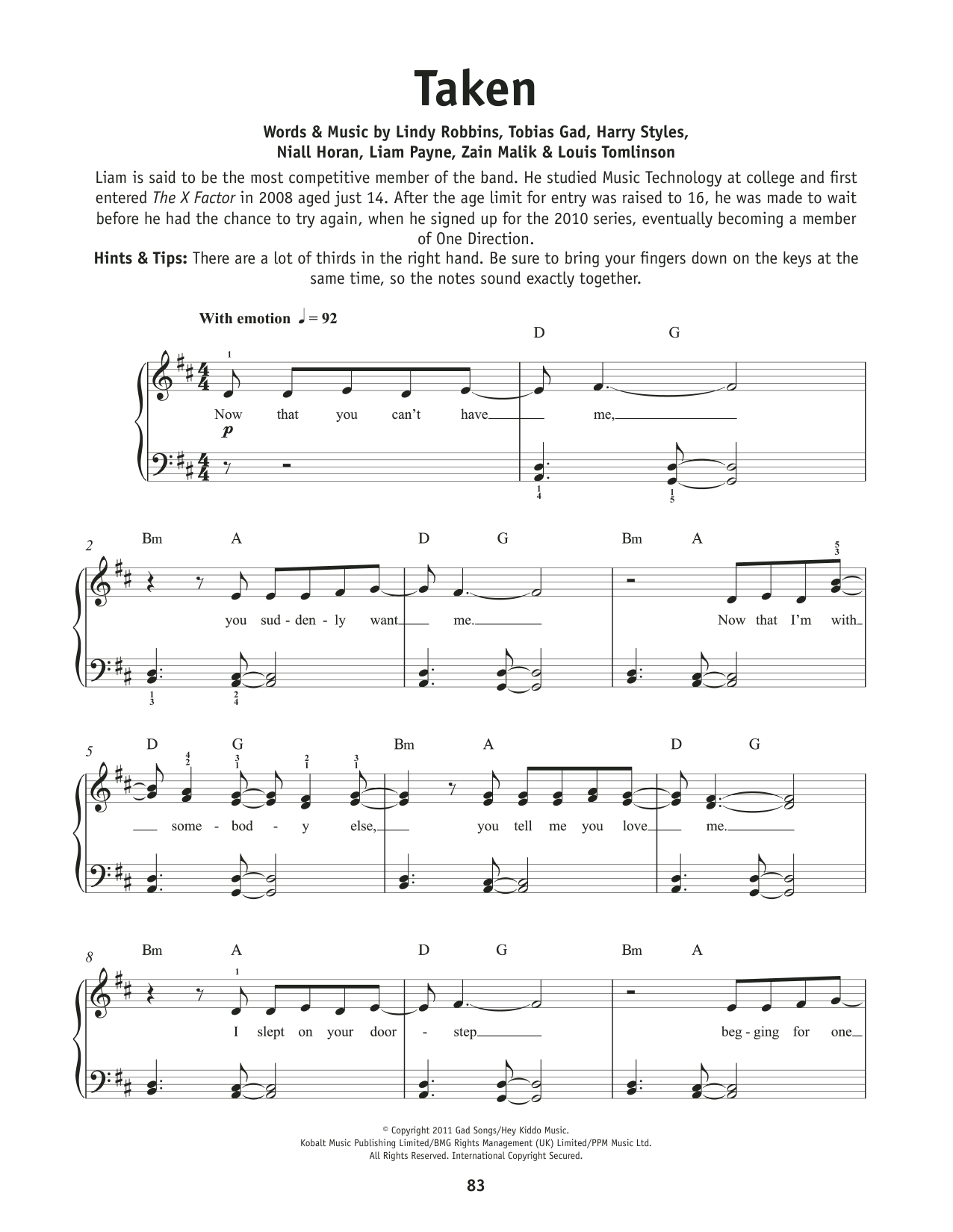 One Direction Taken sheet music notes and chords. Download Printable PDF.