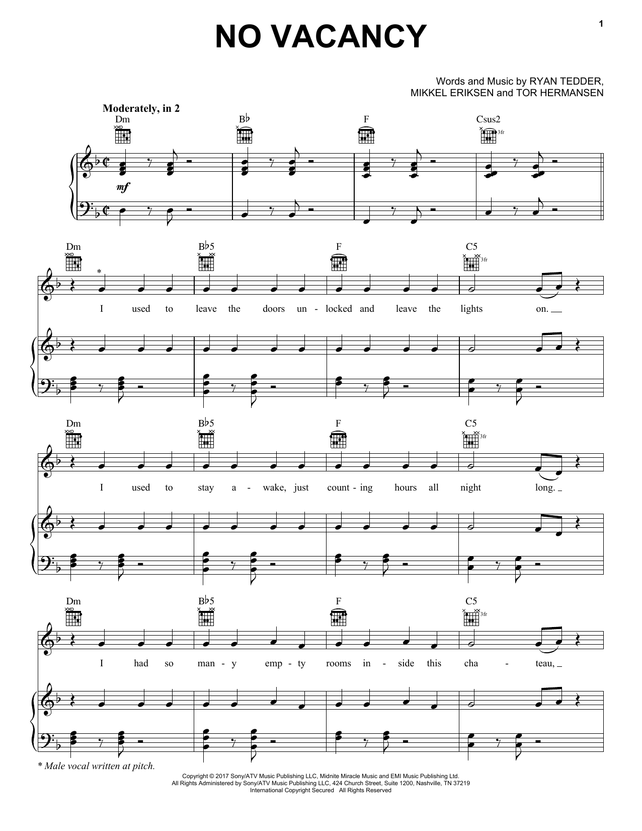 Learn to play OneRepublic No Vacancy sheet music for Piano, Vocal & Guitar Chords (Right-Hand Melody) in minutes. Price: 7.8900$ OneRepublic No Vacancy sheet music notes and chords arranged for Piano, Vocal & Guitar Chords (Right-Hand Melody)