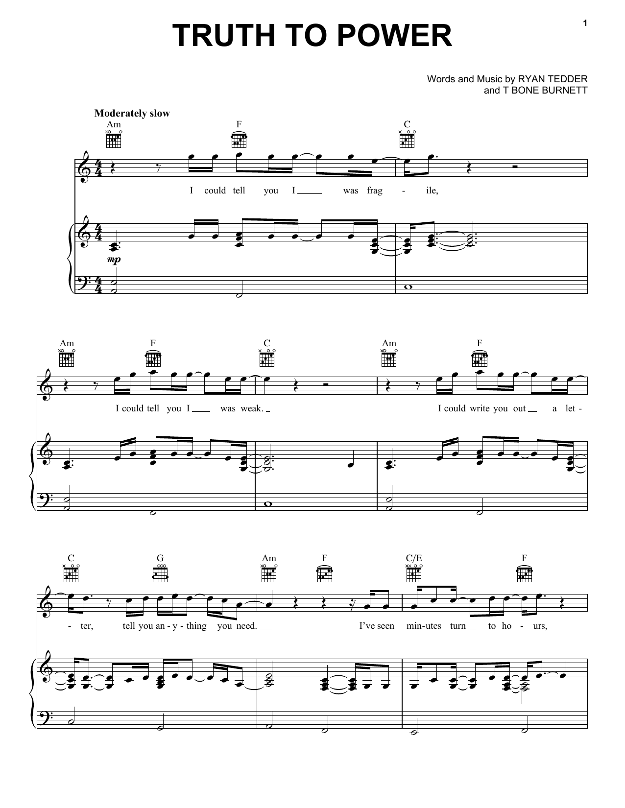 One Republic Truth To Power sheet music notes and chords. Download Printable PDF.