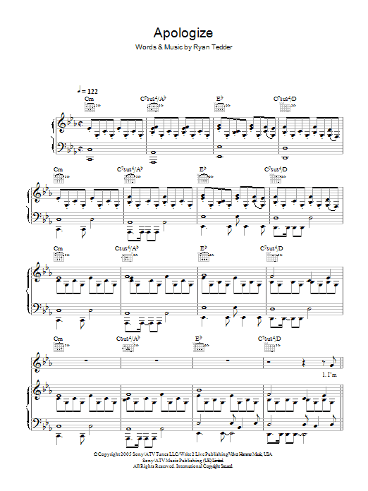 OneRepublic Apologize sheet music notes and chords. Download Printable PDF.