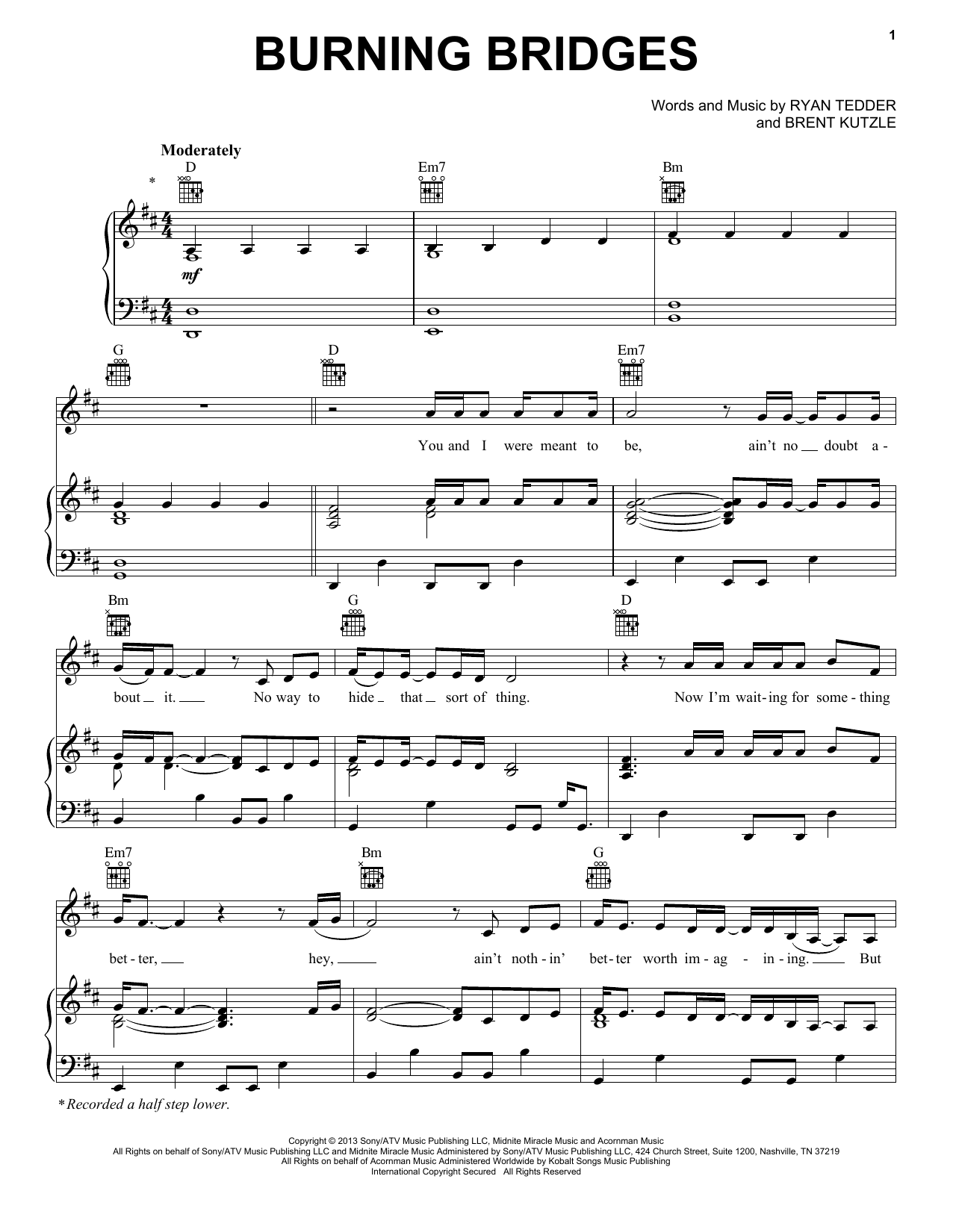 OneRepublic Burning Bridges sheet music notes and chords. Download Printable PDF.