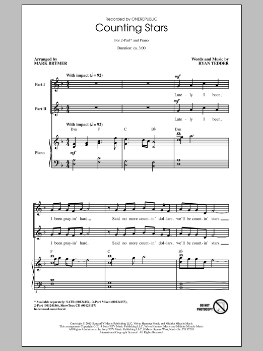 Onerepublic Counting Stars Arr Mark Brymer Sheet Music Pdf Notes Chords Rock Score 2 Part Choir Download Printable Sku 154540