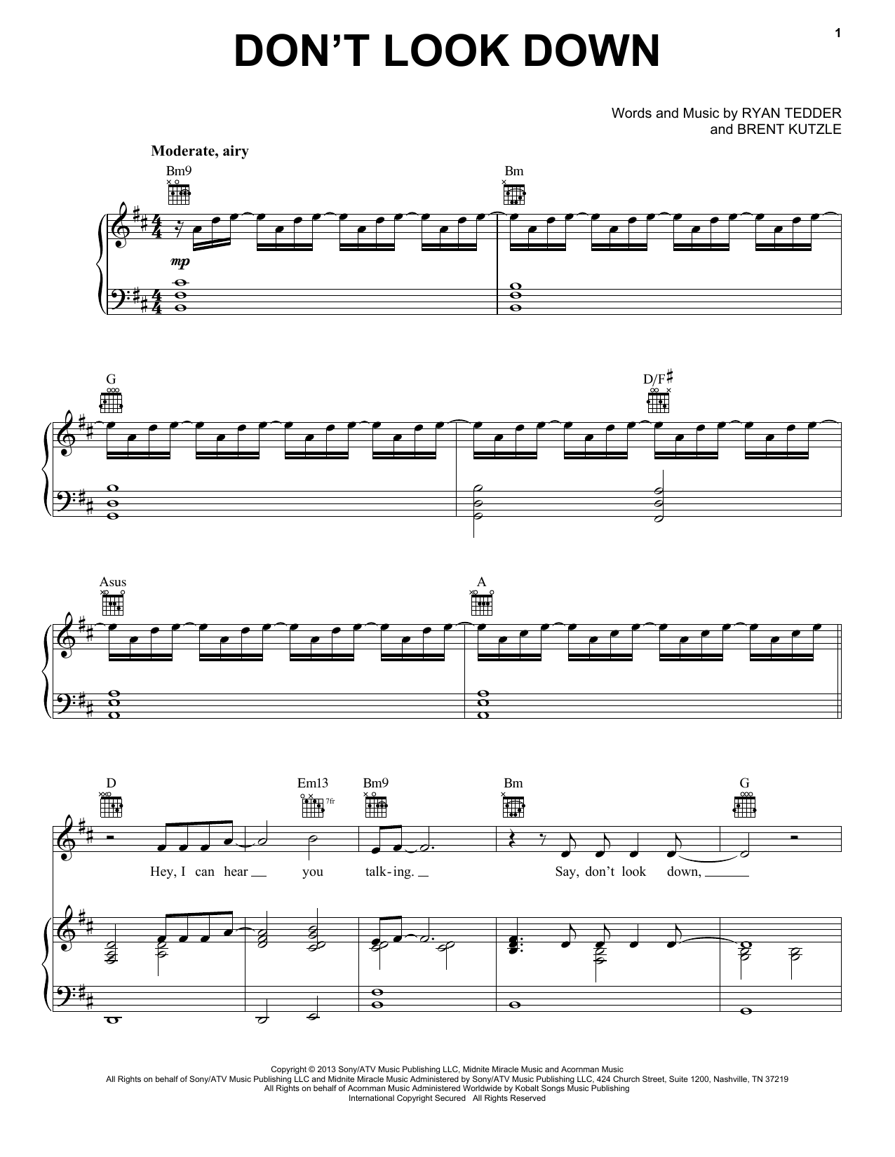 OneRepublic Don't Look Down sheet music notes and chords. Download Printable PDF.