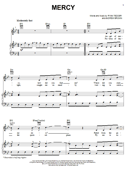 Learn to play OneRepublic Mercy sheet music for Piano, Vocal & Guitar (Right-Hand Melody) in minutes. OneRepublic Mercy sheet music notes and chords. Download Printable PDF.