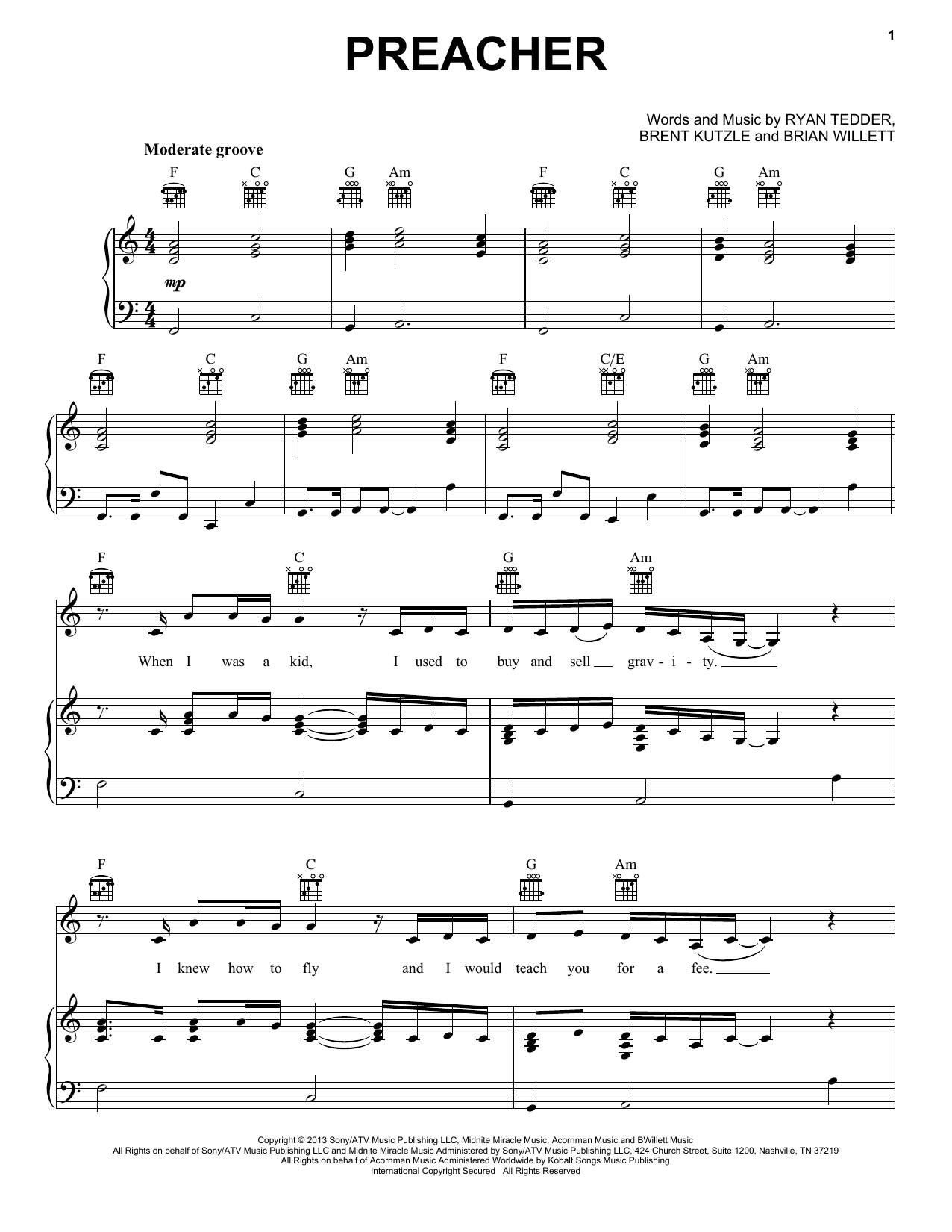 OneRepublic Preacher sheet music notes and chords. Download Printable PDF.