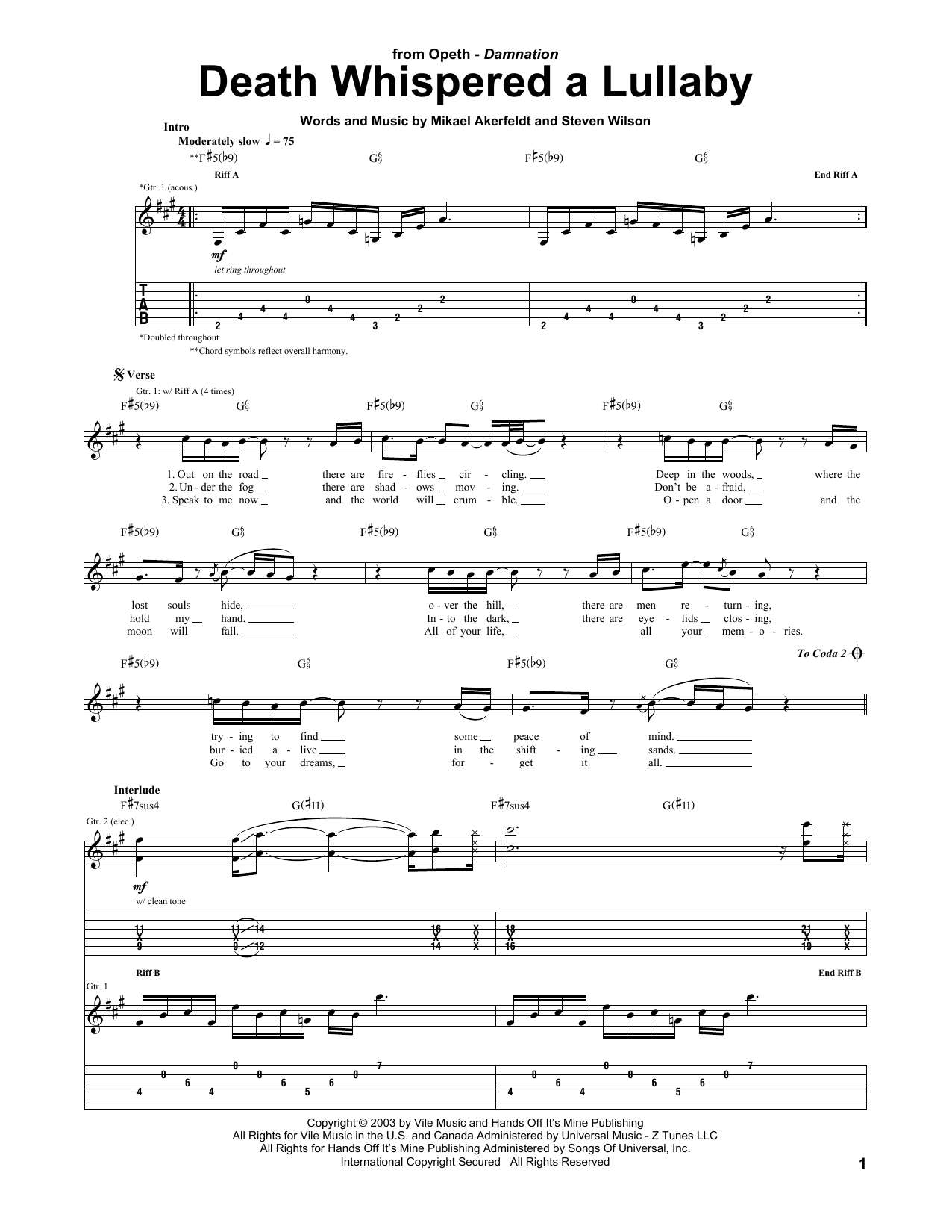 Opeth Death Whispered A Lullaby sheet music notes and chords. Download Printable PDF.