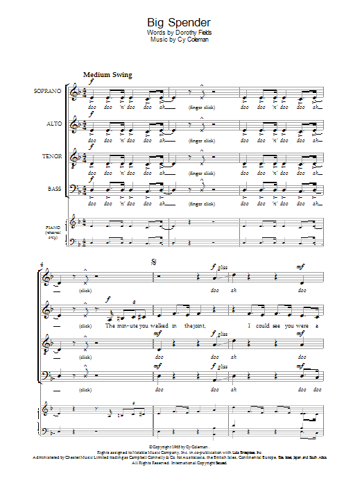Learn to play Shirley Bassey Big Spender (from Sweet Charity) (arr. Nicholas Hare) sheet music for Choir in minutes. Price: 3.9900$ Shirley Bassey Big Spender (from Sweet Charity) (arr. Nicholas Hare) sheet music notes and chords arranged for Choir