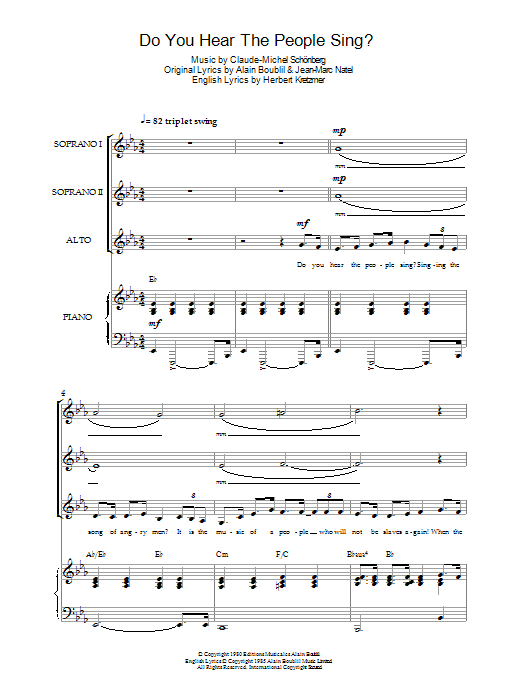 Learn to play Boublil and Schonberg Do You Hear The People Sing? (from Les Miserables) sheet music for Choir in minutes. Price: 3.9900$ Boublil and Schonberg Do You Hear The People Sing? (from Les Miserables) sheet music notes and chords arranged for Choir