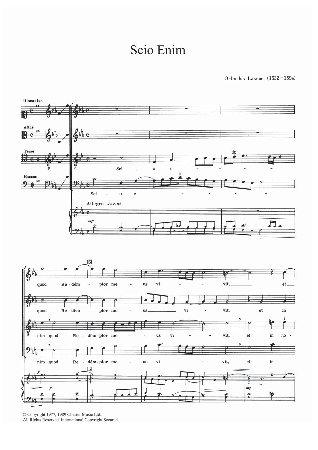 Orlandus Lassus Scio Enim sheet music notes and chords. Download Printable PDF.