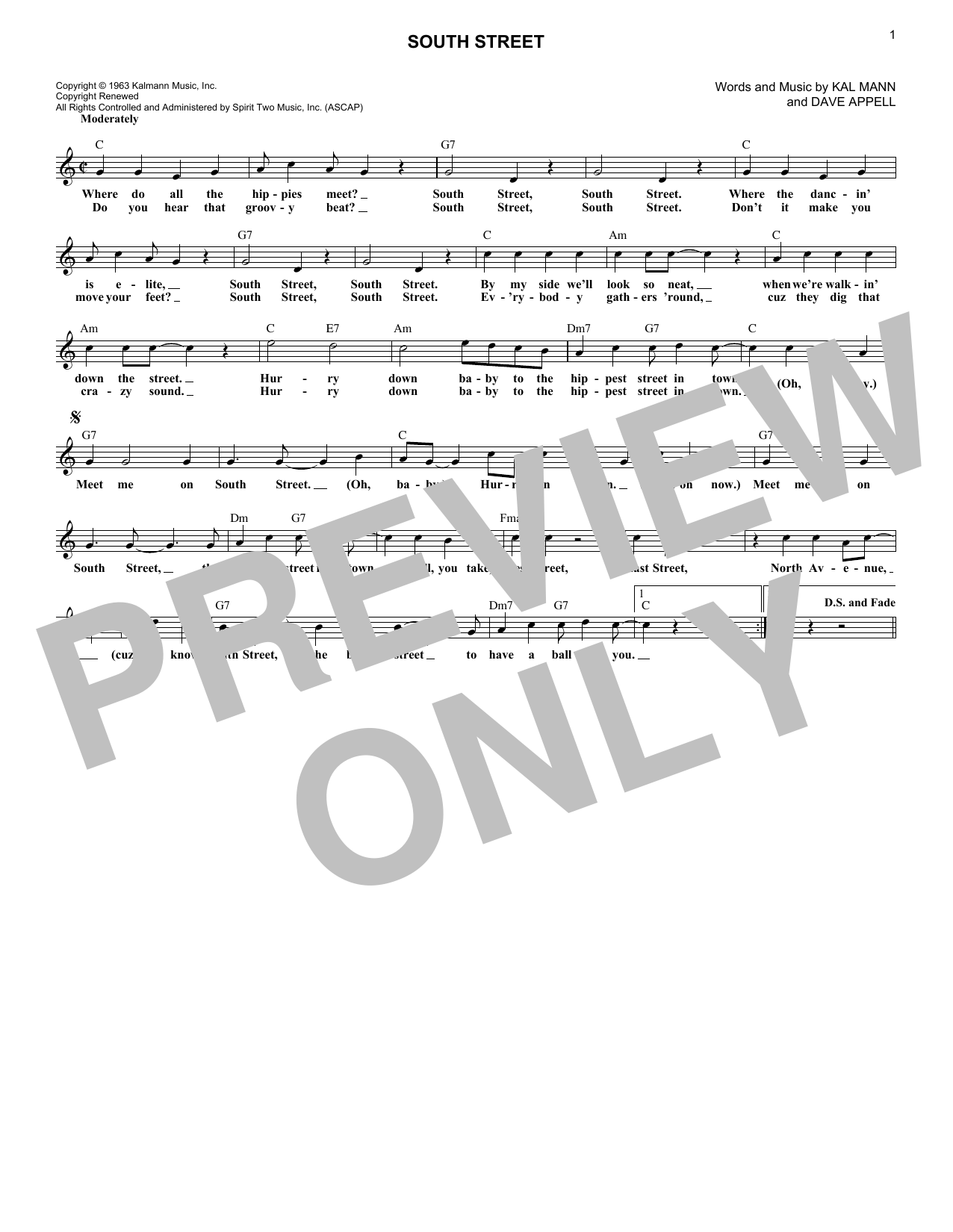 Orlons South Street sheet music notes and chords. Download Printable PDF.