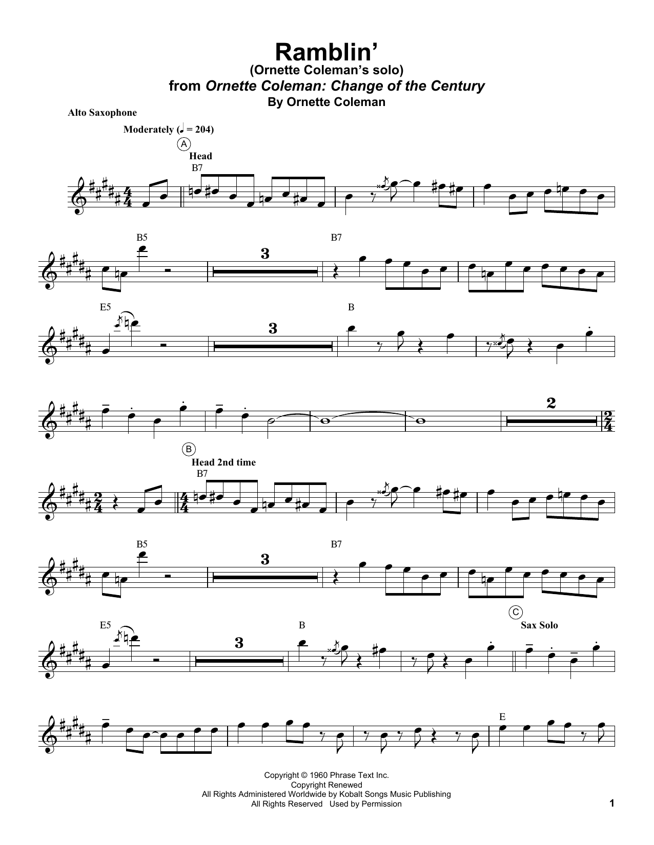 Ornette Coleman Ramblin' sheet music notes and chords. Download Printable PDF.