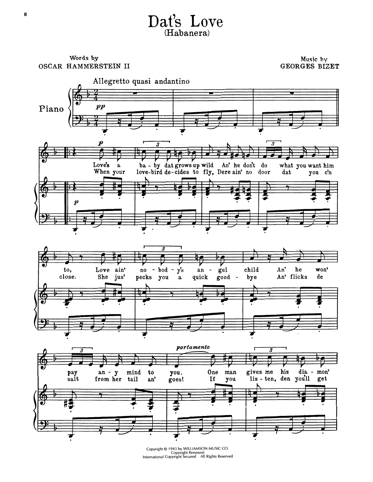 Oscar Hammerstein II & Georges Bizet Dat's Love (Habanera) (from Carmen Jones) sheet music notes and chords. Download Printable PDF.