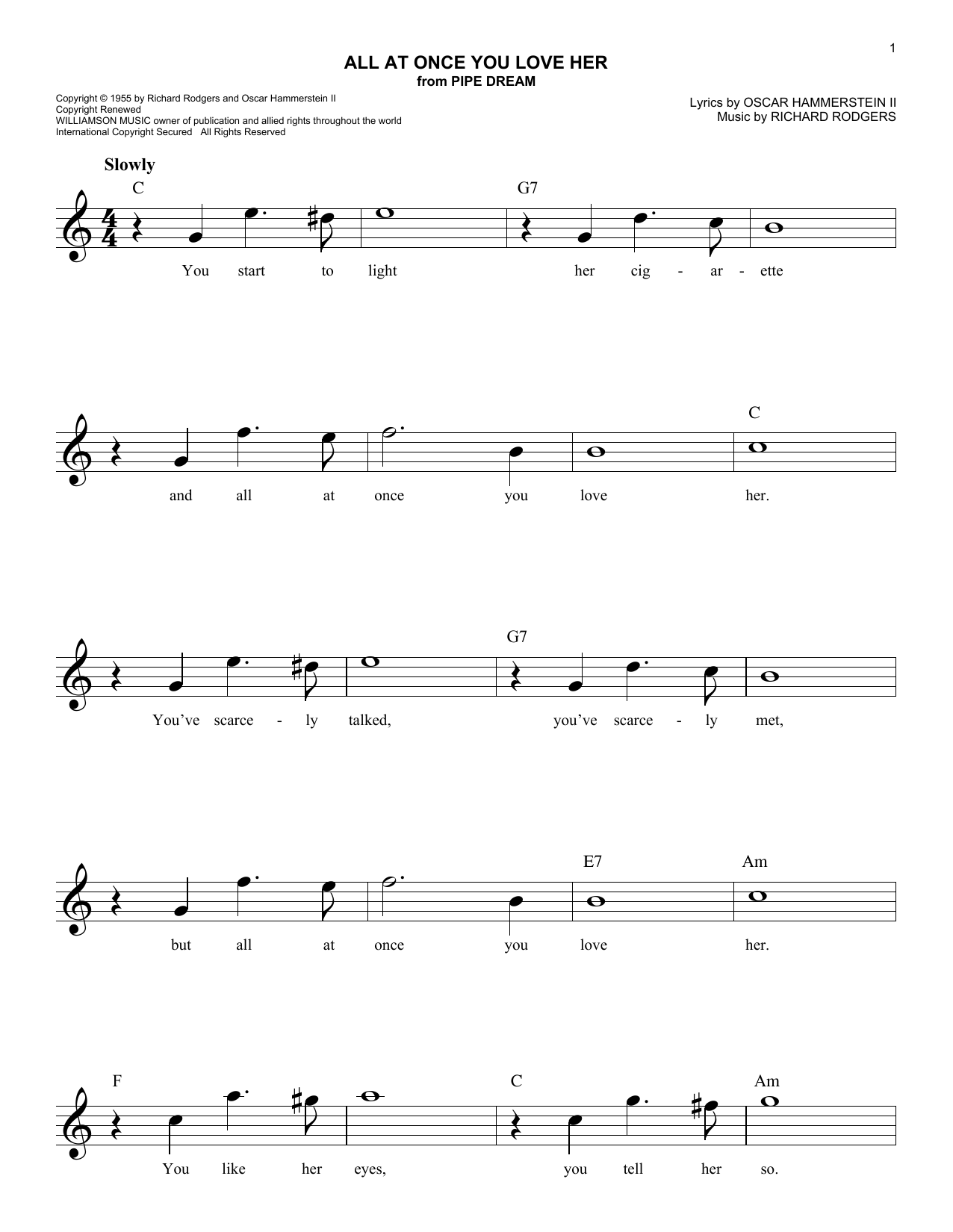 Learn to play Oscar Hammerstein II All At Once You Love Her sheet music for Easy Lead Sheet / Fake Book in minutes. Price: 5.9900$ Oscar Hammerstein II All At Once You Love Her sheet music notes and chords arranged for Easy Lead Sheet / Fake Book