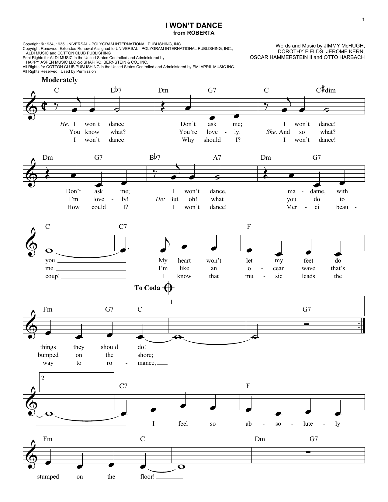 Learn to play Oscar Hammerstein II I Won't Dance sheet music for Easy Lead Sheet / Fake Book in minutes. Price: 5.9900$ Oscar Hammerstein II I Won't Dance sheet music notes and chords arranged for Easy Lead Sheet / Fake Book