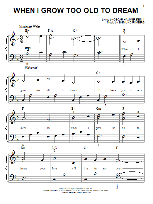 Sigmund Romberg When I Grow Too Old To Dream sheet music notes and chords arranged for Big Note Piano