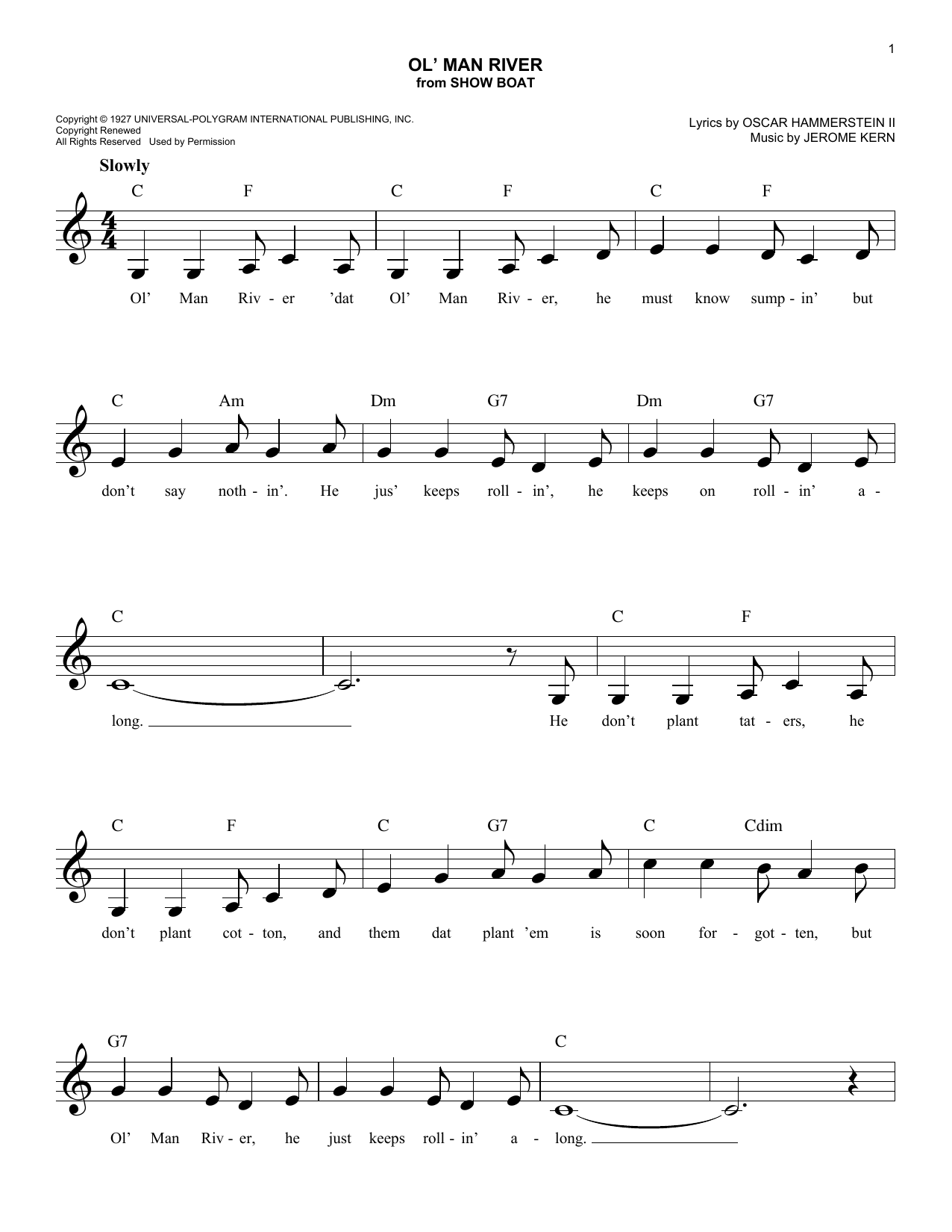 Oscar Hammerstein Ii Jerome Kern Ol Man River From Show Boat Sheet Music Pdf Notes Chords Broadway Score Lead Sheet Fake Book Download Printable Sku 440189